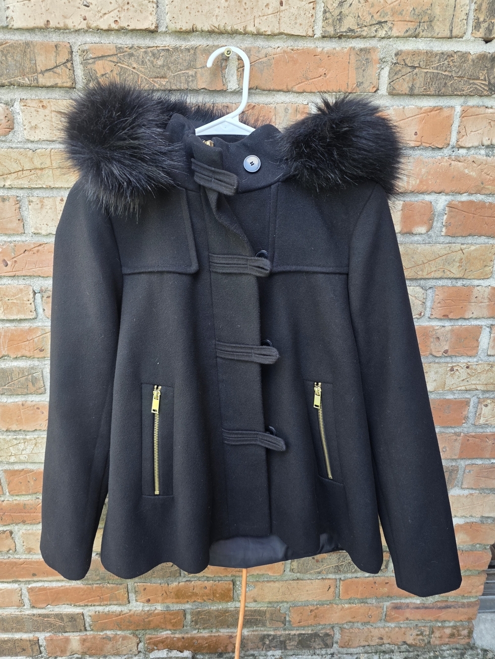 Zara Black Faux Fur-Trim Toggle Pea Coat - Picture 8 of 16